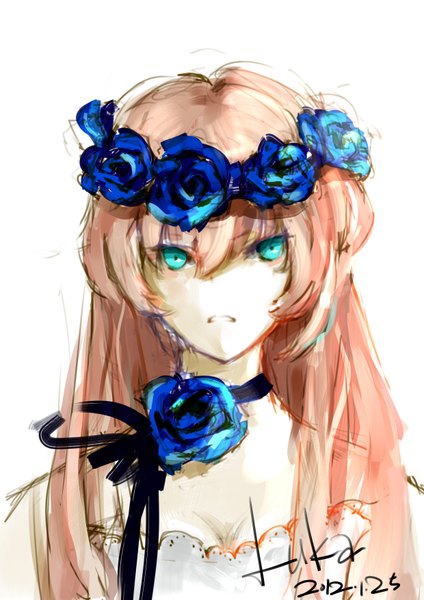 Anime picture 2480x3507 with vocaloid megurine luka seventeen (artist) single tall image fringe highres open mouth bare shoulders pink hair hair flower aqua eyes girl hair ornament flower (flowers) pendant