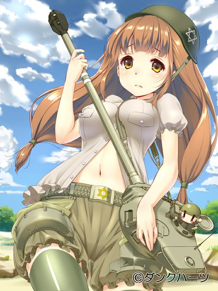 Anime picture 720x960 with original uz3d long hair tall image looking at viewer blush fringe breasts brown hair standing twintails yellow eyes sky cloud (clouds) bare belly low twintails girl thighhighs navel uniform