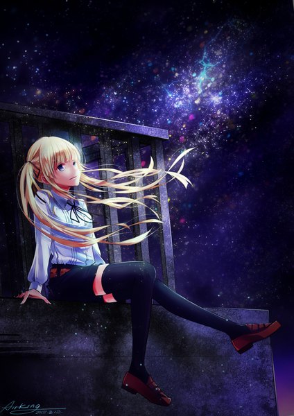 Anime picture 3047x4310 with original arking single long hair tall image blush highres blue eyes blonde hair smile twintails signed absurdres sky bent knee (knees) lips arm support zettai ryouiki looking up girl