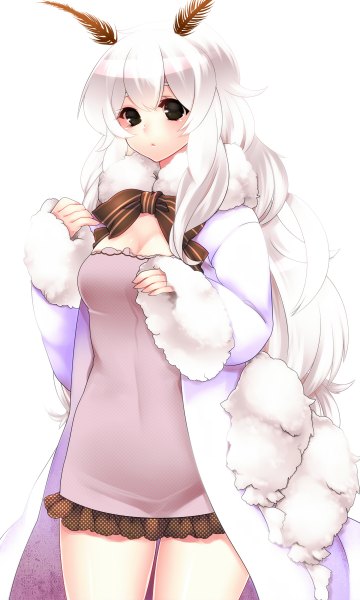 Anime picture 720x1200 with original yutazou single long hair tall image simple background white background white hair black eyes girl dress fur coat