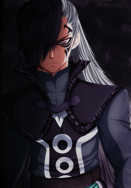 Anime picture 1500x2145 with fairy tail rogue cheney ric9duran single long hair tall image fringe black hair pink eyes multicolored hair grey hair hair over one eye tattoo coloring facial mark boy cloak