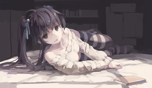 Anime picture 1200x696 with original huanxiang huifeng single long hair looking at viewer black hair wide image twintails bare shoulders indoors lying black eyes no shoes on side revision girl thighhighs hair ornament book (books) sweater