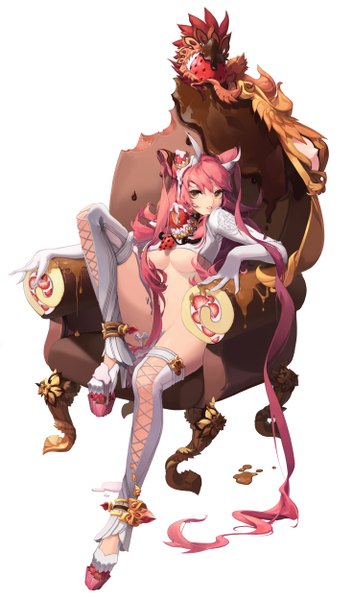 Anime picture 2952x5000 with original hyeona single long hair tall image looking at viewer highres breasts light erotic white background sitting brown eyes pink hair legs girl food sweets thigh boots berry (berries) strawberry