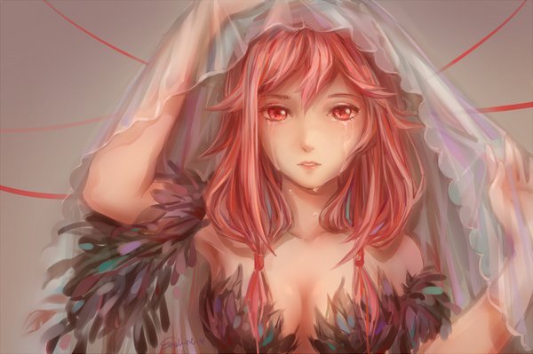 Anime picture 1500x999 with guilty crown production i.g yuzuriha inori emalfire single long hair looking at viewer fringe breasts light erotic simple background hair between eyes twintails bare shoulders pink hair upper body braid (braids) parted lips pink eyes arm up
