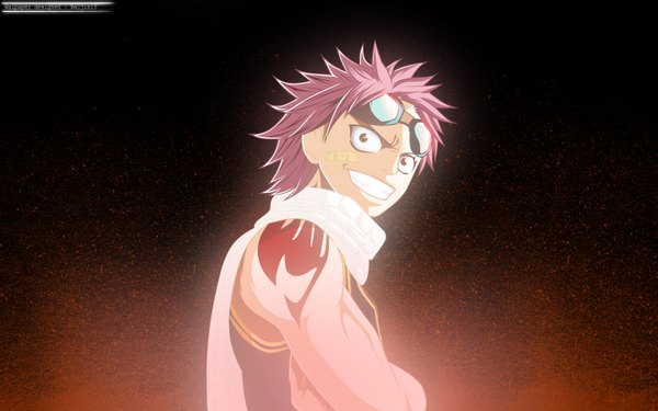Anime picture 1440x900 with fairy tail natsu dragneel raijin13 single short hair simple background smile red eyes wide image pink hair tattoo sleeveless coloring muscle boy scarf goggles
