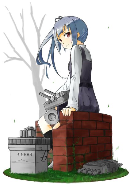 Anime picture 2894x4093 with kantai collection kasumi destroyer himukakka single long hair tall image fringe highres simple background red eyes white background sitting payot looking away looking back wind grey hair side ponytail bare tree brick wall