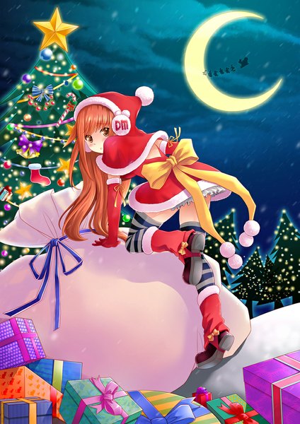 Anime picture 827x1169 with original akahiko mei single long hair tall image looking at viewer blush brown hair brown eyes fur trim christmas soles crescent girl thighhighs dress gloves bow hat elbow gloves