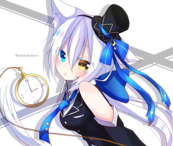 Anime picture 1000x840 with original luna shuverutse yamine kuro single long hair blush fringe open mouth blue eyes simple background hair between eyes white background bare shoulders signed animal ears yellow eyes payot looking away upper body white hair