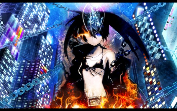 Anime picture 2560x1600 with black rock shooter black rock shooter (character) huke snyp (r0pyns) long hair looking at viewer highres blue eyes black hair wide image sky cloud (clouds) night sky heterochromia city glowing cityscape glowing eye (eyes) landscape scenic