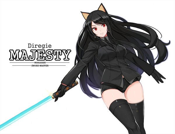 Anime picture 1300x996 with nuclear warhead (anti) single long hair looking at viewer fringe light erotic black hair simple background red eyes white background holding animal ears payot blue hair parted lips multicolored hair blurry cat ears from below dutch angle