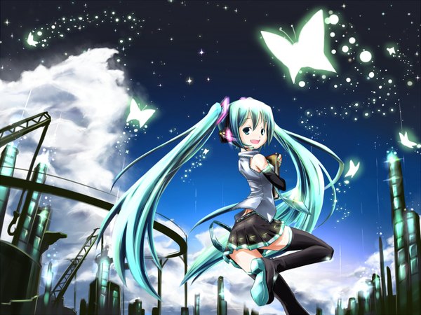 Anime picture 1600x1200 with vocaloid hatsune miku twintails holding zettai ryouiki girl thighhighs book (books) insect butterfly thigh boots vest