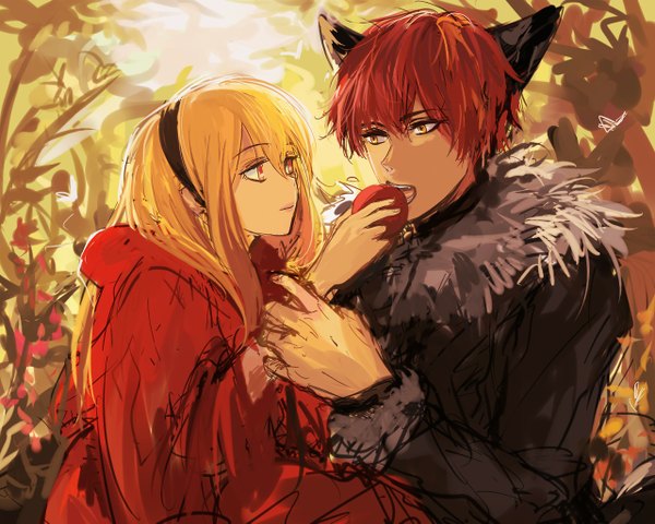 Anime picture 1280x1025 with original pancake-waddle long hair short hair blonde hair red eyes animal ears yellow eyes red hair profile cat ears couple holding hands eating girl boy fruit apple gorget