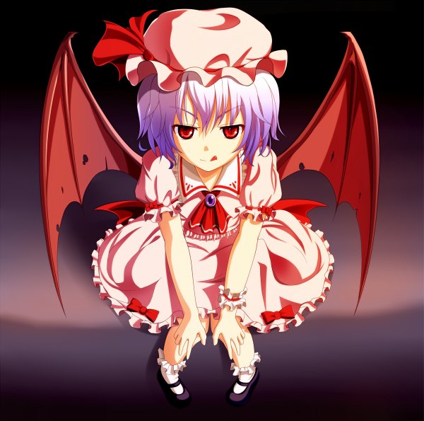 Anime picture 1200x1190 with touhou remilia scarlet supertie single looking at viewer short hair simple background red eyes purple hair bat wings girl dress socks tongue white socks bonnet