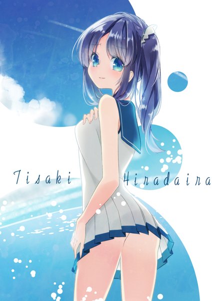 Anime picture 1191x1684 with nagi no asukara p.a. works hiradaira chisaki tika (mika4975) single long hair tall image looking at viewer blush blue eyes light erotic purple hair looking back light smile character names hand on hip side ponytail hand on chest girl uniform