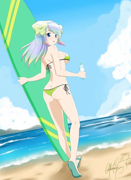 Anime picture 727x1000 with brave frontier (game) tilith kimmy77 single long hair tall image blue eyes light erotic sky cloud (clouds) parted lips looking back multicolored hair sand surfing windsurfing girl swimsuit bikini sea