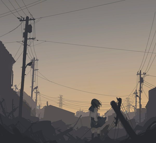 Anime picture 1168x1071 with original hanno single short hair black hair from behind ruins girl serafuku wire (wires) power lines