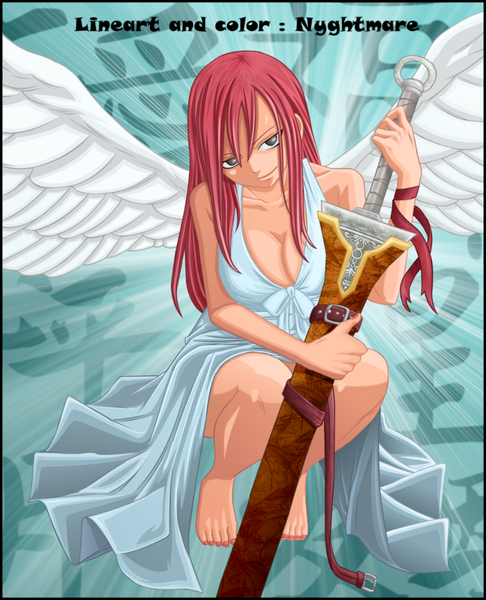 Anime picture 810x1000 with fairy tail erza scarlet dark-nyghtmare single long hair tall image breasts light erotic simple background smile pink hair grey eyes coloring angel wings girl dress weapon sword wings sheath
