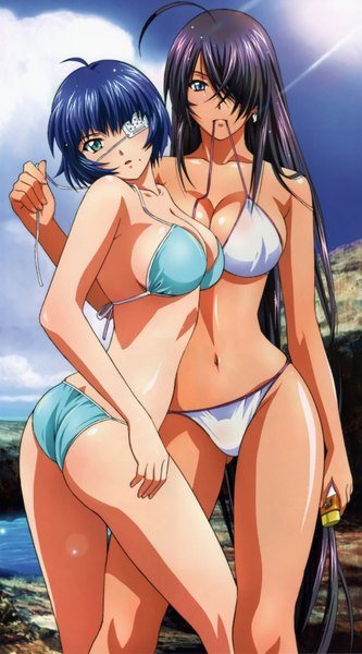 Anime picture 3892x7016 with ikkitousen kanu unchou ryomou shimei tall image highres short hair breasts open mouth light erotic large breasts purple eyes multiple girls green eyes blue hair absurdres sky purple hair ass very long hair legs