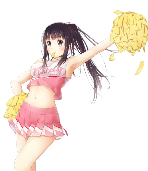 Anime picture 874x1008 with hyouka kyoto animation chitanda eru nosaki viola long hair tall image looking at viewer blush fringe simple background brown hair white background purple eyes ponytail pleated skirt bare belly hand on hip outstretched arm side ponytail cheerleader