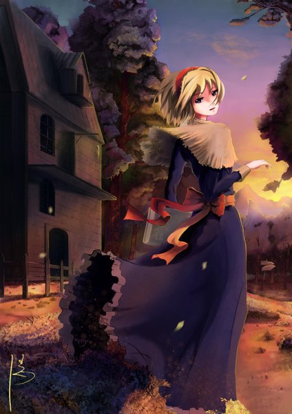 Anime picture 2480x3508 with touhou alice margatroid diandianzai single tall image fringe highres short hair blonde hair purple eyes signed looking away outdoors long sleeves parted lips looking back wind sunlight evening sunset
