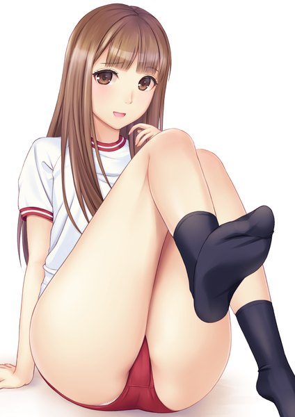 Anime picture 2500x3540 with original n.g. single long hair tall image looking at viewer blush highres open mouth light erotic brown hair white background brown eyes girl uniform socks black socks gym uniform