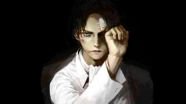 Anime picture 1500x842 with shingeki no kyojin production i.g levi (rivaille) par single short hair black hair simple background wide image grey eyes black background scar covering eye (eyes) bandaid on face boy shirt bandaid ascot scratch