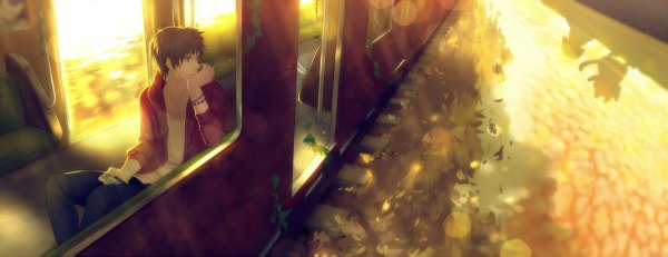 Anime picture 2400x925 with original tamagosho single fringe highres smile brown hair wide image holding brown eyes looking away open clothes open jacket shadow reflection boy plant (plants) jacket bracelet train