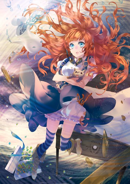 Anime picture 900x1263 with the wizard of oz dorothy toto (wizard of oz) midorigawa akari single long hair tall image fringe open mouth blue eyes light erotic holding bent knee (knees) wind orange hair short sleeves puffy sleeves crossed arms weightlessness messy hair