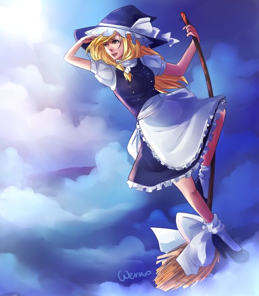 Anime picture 1400x1600 with touhou kirisame marisa wernozaur single long hair tall image open mouth blonde hair smile signed yellow eyes sky cloud (clouds) sunlight witch girl dress skirt socks white socks