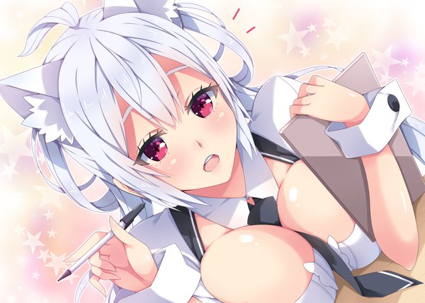 Anime picture 1000x715 with phantasy star phantasy star online 2 sega matoi (pso2) milkpanda single long hair looking at viewer blush breasts open mouth light erotic red eyes animal ears silver hair cat ears girl necktie