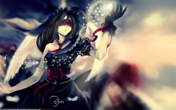 Anime picture 1920x1200 with touhou shikieiki yamaxanadu tagme (artist) single highres black hair wide image eyes closed blindfold girl hat wings single glove