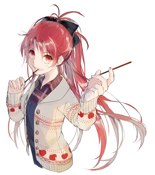 Anime picture 1946x2191 with mahou shoujo madoka magica shaft (studio) sakura kyouko vient single long hair tall image highres simple background smile red eyes white background holding ahoge ponytail red hair from above open clothes alternate costume mouth hold