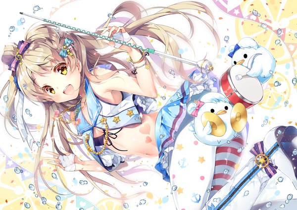 Anime picture 1500x1062 with love live! school idol project sunrise (studio) love live! minami kotori minami kotori (bird) miwabe sakura long hair looking at viewer blush fringe open mouth light erotic brown hair bare shoulders holding yellow eyes bent knee (knees) pleated skirt bare belly sparkle