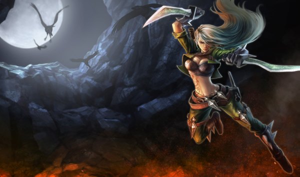 Anime picture 1215x717 with league of legends katarina (league of legends) single long hair fringe wide image holding brown eyes cleavage white hair hair over one eye night tattoo dual wielding rock girl weapon animal sword bird (birds)