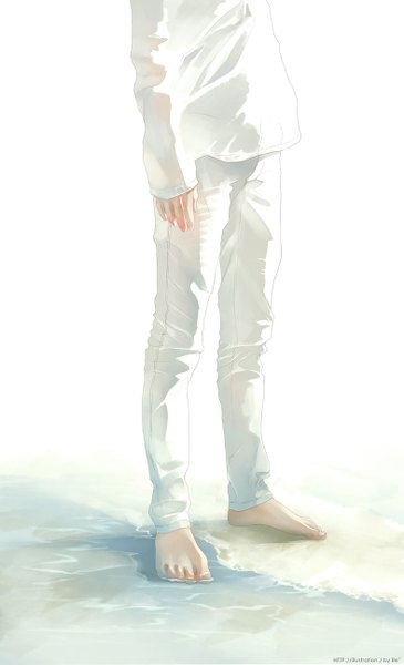 Anime picture 788x1296 with original re (artist) single tall image standing barefoot sunlight no shoes boy water pants
