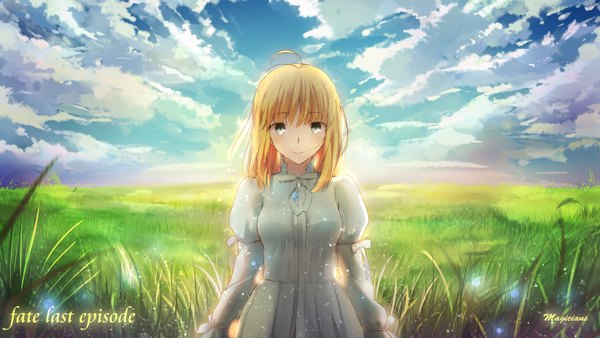 Anime picture 4035x2274 with fate (series) fate/stay night type-moon artoria pendragon (all) saber magicians (zhkahogigzkh) single long hair looking at viewer highres blonde hair wide image green eyes absurdres sky cloud (clouds) ahoge inscription watermark scenic