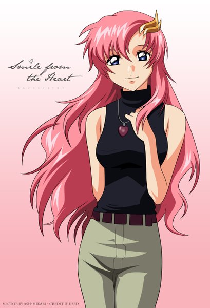 Anime picture 1901x2790 with mobile suit gundam gundam seed destiny sunrise (studio) lacus clyne long hair tall image highres pink hair absurdres light smile sleeveless pink background vector girl hair ornament hairclip pendant