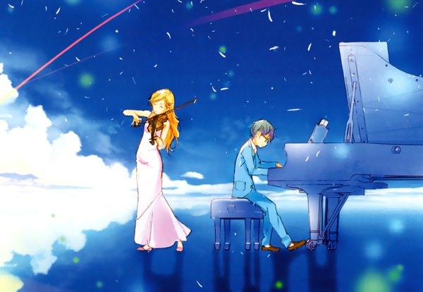 Anime picture 1506x1040 with shigatsu wa kimi no uso a-1 pictures miyazono kaori arima kousei long hair short hair blonde hair holding sky cloud (clouds) eyes closed profile official art shadow sleeveless reflection dark hair playing instrument girl dress