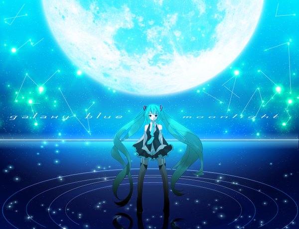 Anime picture 1440x1108 with vocaloid hatsune miku long hair twintails night girl thighhighs miniskirt water necktie moon full moon