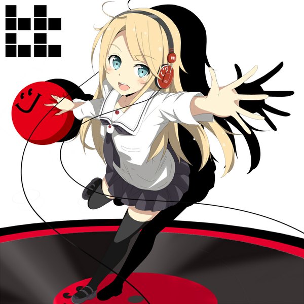 Anime picture 1000x1000 with original tazaki hayato single long hair looking at viewer blush open mouth blue eyes blonde hair shadow girl thighhighs skirt black thighhighs necktie headphones