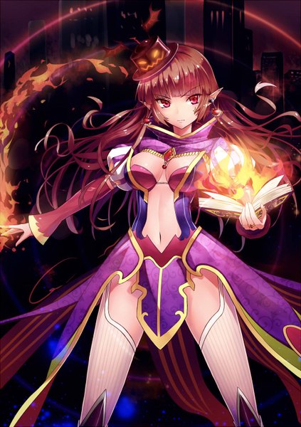 Anime picture 1000x1417 with dragon nest original sorceress (dragon nest) xiaoyin li single long hair tall image breasts light erotic red eyes brown hair cleavage pointy ears magic girl dress navel earrings book (books) brooch