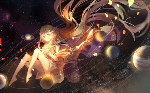 Anime picture 3579x2220 with original kita (kitairoha) single fringe highres smile brown hair wide image absurdres full body very long hair multicolored hair barefoot green hair bare legs orange eyes legs sleeveless floating hair space