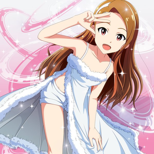 Anime picture 1000x1000 with idolmaster minase iori kouchou single long hair open mouth smile brown hair bare shoulders brown eyes leaning leaning forward victory girl dress shorts white dress fur short shorts white shorts