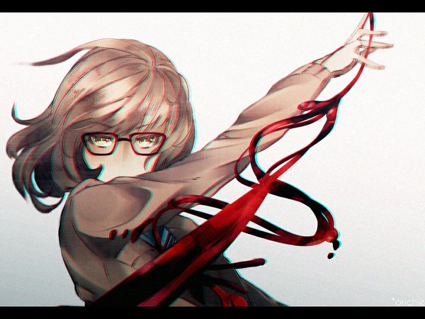 Anime picture 1024x768 with kyoukai no kanata kyoto animation kuriyama mirai persona92 (orichie) single looking at viewer fringe short hair simple background blonde hair white background yellow eyes letterboxed girl uniform weapon school uniform sword glasses blood