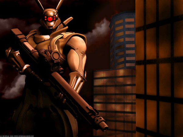 Anime picture 1600x1200 with appleseed briareos hecatonchires single night city armor gun helmet robot