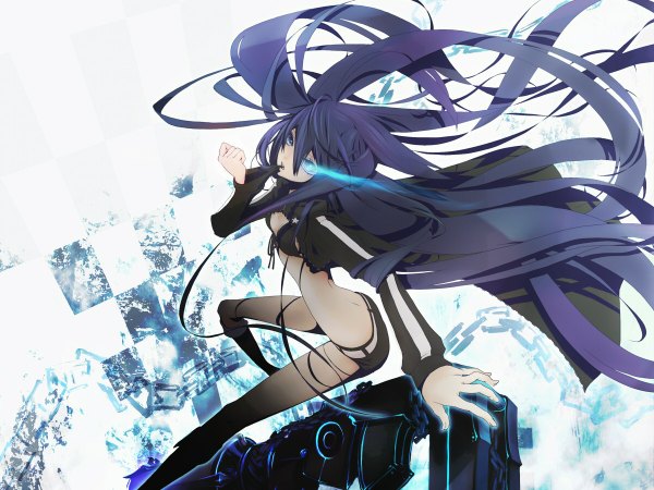 Anime picture 1200x900 with black rock shooter black rock shooter (character) plastick long hair blue eyes purple hair midriff mouth hold glowing glowing eye (eyes) girl weapon jacket shorts bikini top huge weapon