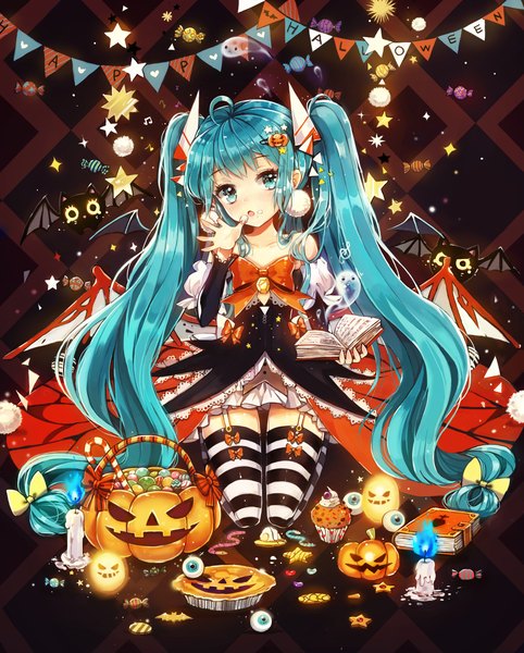 Anime picture 1650x2052 with vocaloid hatsune miku dangmill single tall image looking at viewer blush open mouth twintails very long hair aqua eyes aqua hair halloween happy halloween girl thighhighs dress bow hair bow wings