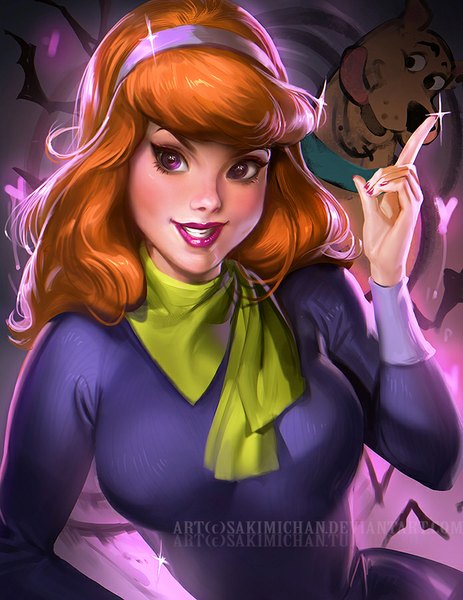 Anime picture 695x900 with scooby-doo daphne anne blake (scooby-doo) sakimichan single long hair tall image purple eyes signed nail polish orange hair realistic lipstick watermark pointing girl animal heart hairband scarf bat