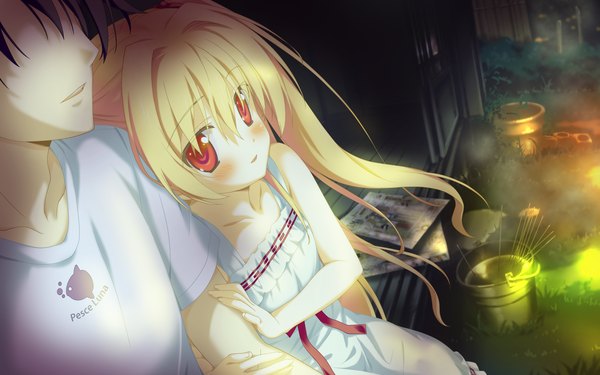 Anime picture 2048x1280 with irotoridori no sekai nikaidou shinku shida kazuhiro long hair blush highres blonde hair red eyes wide image game cg loli girl sundress