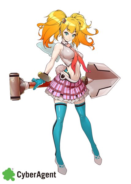 Anime picture 1000x1400 with sensei! tsugi wa battle no jikan desu. tomoyuki kotani single long hair tall image looking at viewer highres blonde hair simple background standing white background twintails tail animal tail multicolored hair aqua eyes light smile orange hair midriff plaid skirt